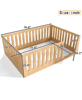 Kids Floor Bed, Solid Wood Frame with High Fence and Door, Low-Profile Montessori Bed for Boys Girls, No Box Spring Needed