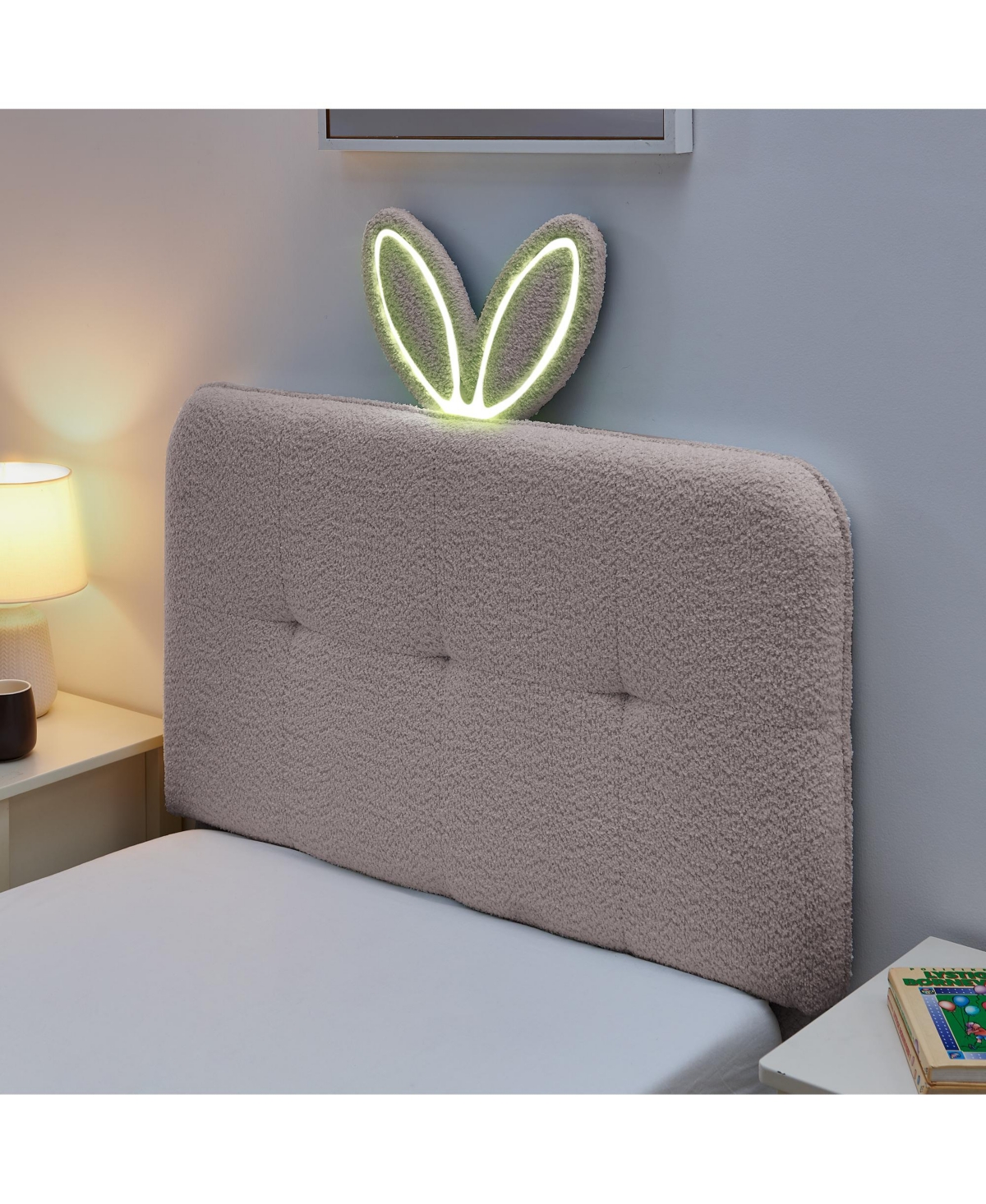 Rainsken Kids Upholstered Bed Frame, Boucle Platform Bed with 4 Storage Drawers, Led Light and Rabbit Ear Shaped Headboard for Boys Girls