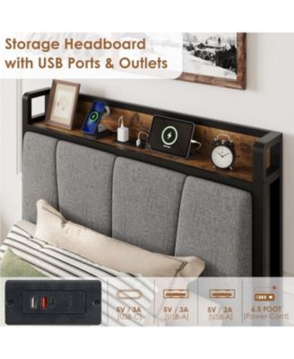   Bed Frame with 2 Storage Drawers & Charging Station, Linen Upholstered Headboard, Heavy Duty