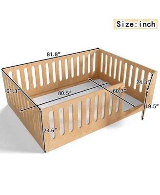 Queen Size Kids Floor Bed, Solid Wood Bed Frame with High Side Fence and Door, Children's Sleep Bed for Boys Girls, No Box Spring Required