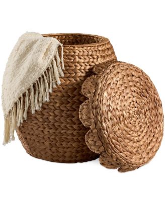 Scalloped Water Hyacinth Storage Tote Basket with Lid