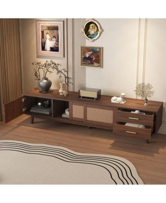 Mid Century TV Stand 70'' Media Console Cabinet Rattan Sliding Doors