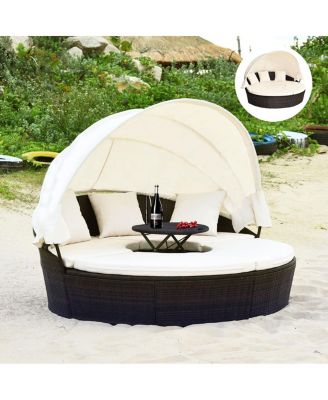 Cushioned Patio Rattan Round Daybed w/ Adjustable Table 3 Pillows Canopy