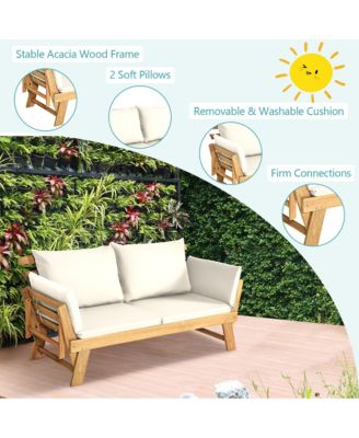 Adjustable Patio Sofa Daybed Acacia Wood Furniture w/ Cushions