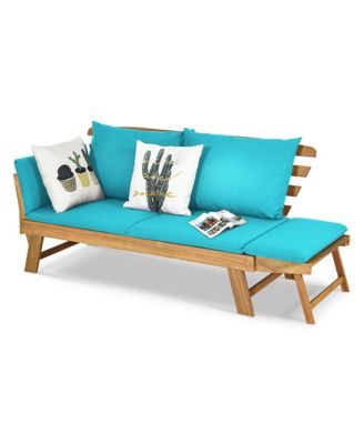 Adjustable Patio Sofa Daybed Acacia Wood Furniture w/ Cushions