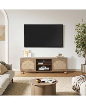 Oak Finish Engineered Wood TV Console, Round Ball Legs, Functional Storage