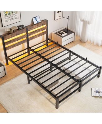 Queen Size Metal Bed Wooden Headboard RGB Lights Charger Storage