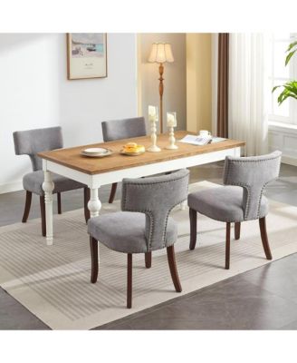 Modern Wooden Dining Chairs Set of 2 - Linen Upholstered Kitchen Chairs with Curved Backrest, Copper Nails for Dining Room