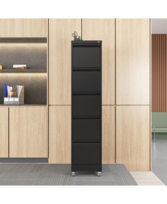 5 drawer metal locking file cabinet with wheels for home office, heavy duty storage for letter, legal, and A4 files.
