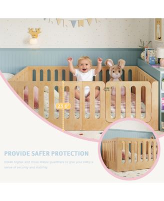 Twin Size Solid Wood Kids Floor Bed Frame, High Safety Fence with Door, Low-Profile Montessori Bed for Boys and Girls, No Box Spring Needed