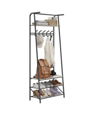 Coat Rack Shoe Bench with 5 Hooks, Hall Trees Entryway Bench with Storage, Multifunctional Hallway Organizer, Wood Look Accent Furniture with Metal Frame for Entryway, Living Room, Bedroom