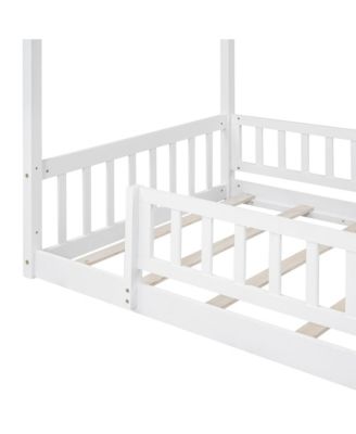 Twin Size Wood House Bed Roof Fence Pine Wood Frame 7 Slats Kids Bedroom