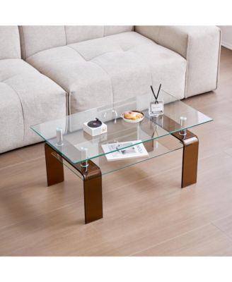 Rectangle 2-Tier Glass Coffee Table, Modern Small Center Table with Storage and Metal Legs for Living Room, Home Office