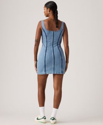 Women's Seamed Figure Hugging Slim Fit Square Neck Cotton Dress