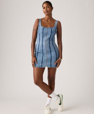 Women's Seamed Figure Hugging Slim Fit Square Neck Cotton Dress