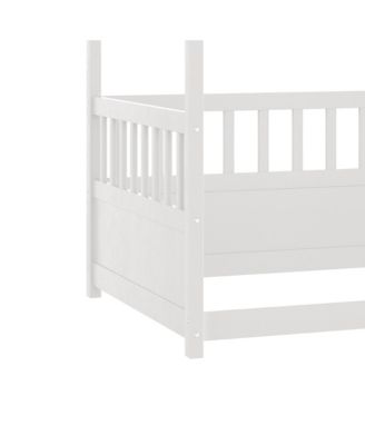 Twin Size Wooden Canopy Floor Bed With Guardrails Four Poster Design For Kids