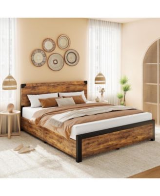 Full Bed Frame with 4 Storage Drawers, Heavy Duty Metal Platform & Wood Headboard, No Box Spring