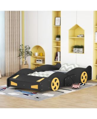 Twin Size Race Car Bed With Wheels Storage Pine Wood MDF No Box Spring