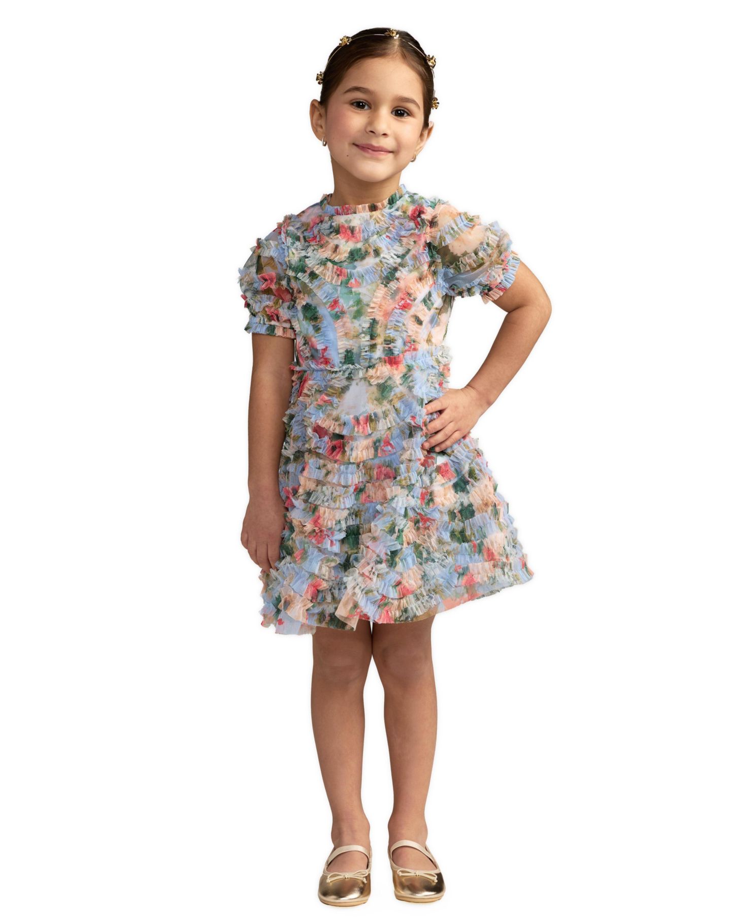 Платье Mac Duggal Floral Mesh Tiered Ruffle Puff Sleeve Party Dress для девочек, цвет: Синий разноцветный — фото 1
