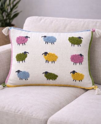 Whimsical Sheep Embroidered Lumbar Decorative Pillow, 14" x 20"