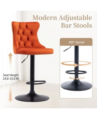 Velvet Bar Stools Set of 2, Adjustable Swivel Counter Height Chairs with Back, Footrest and Nailhead Trim for Kitchen Island, Home Pub