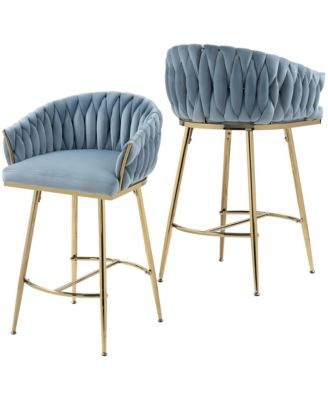 Velvet Bar Stools Set of 2 - Hand-Wave Back, Golden Chrome Base and Footrest, Counter Height Chairs for Kitchen Island, Home Pub