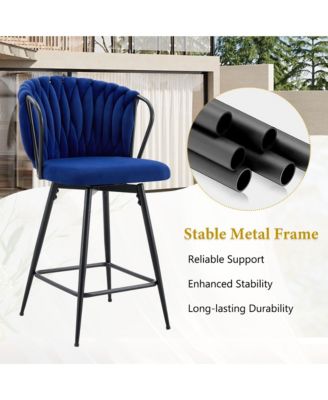 Velvet Bar Stool Set of 2, Swivel Counter Height Chairs with Metal Frame and Woven Rope Backrest for Kitchen Island, Home Pub