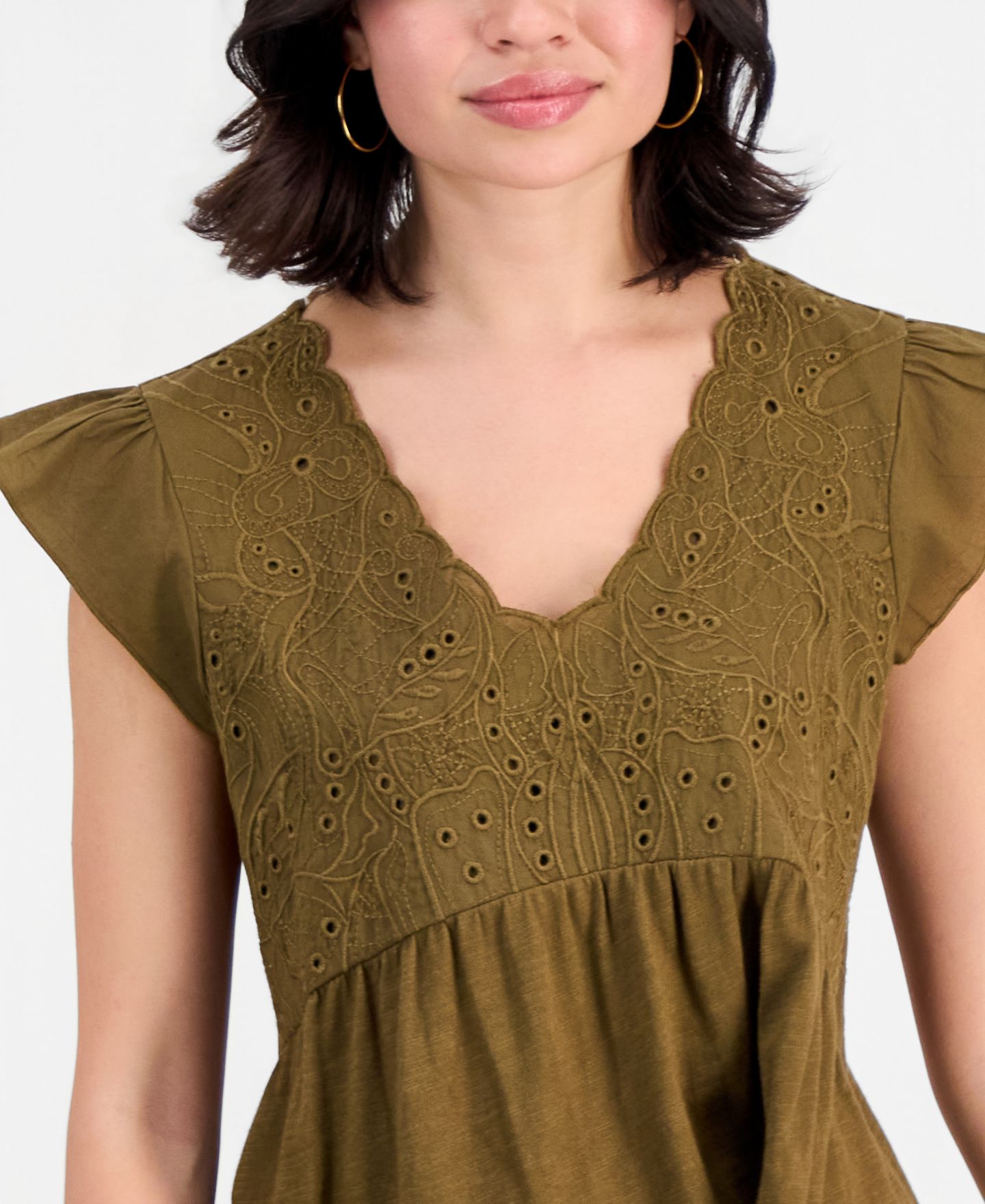 Женский топ Democracy Petite Embroidered Cotton Flutter-Sleeve, цвет: Золотой — фото 4