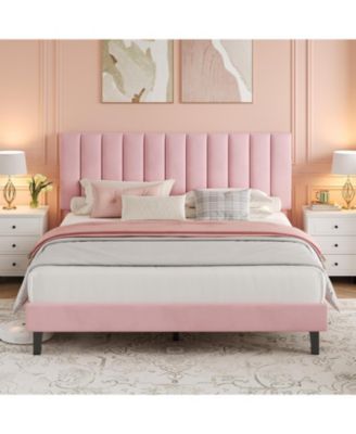 Queen Size Velvet Iron MDF Vertical Pattern Soft Bag Basic Bed, Upholstered Bed Frame, Stylish Design, Comfortable Mattress, No Box Spring