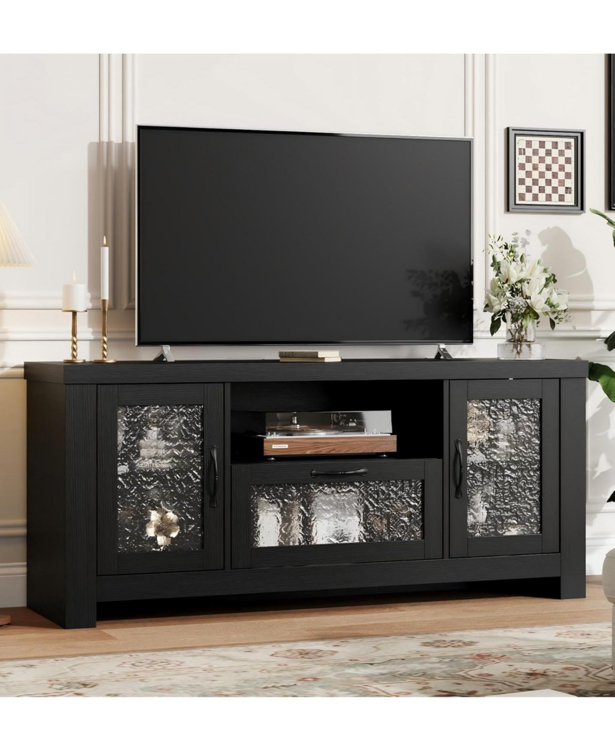 gaomon Tv Stand for 65 Inch Tv, Farmhouse Entertainment Center with Acrylic Door Storage Cabinet & Adjustable Shelves - Black