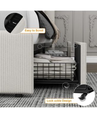 Queen Size Double Drawer Soft Bag Bed, Corduroy White Upholstered Bed with Storage, Soft and Comfortable Mattress, No Box Spring Needed