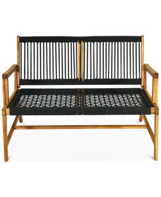 Wooden Rope Bench Loveseat Patio Garden Outdoor w/ Backrest and Armrest