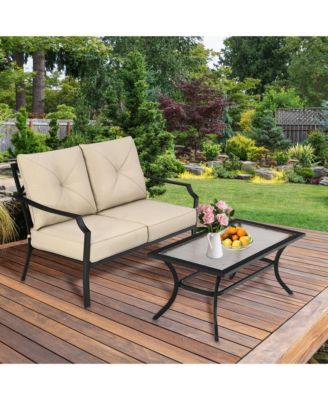 2PCS Outdoor Loveseat Set Cushioned Patio Bench Sofa w/ Coffee Table