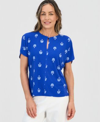Petite Painted Fan Keyhole Short-Sleeve Top