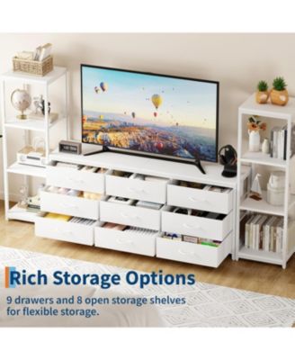 TV Stand Dresser for 75 Inch TV, Large Entertainment Center with Fabric Drawers & 4 Tier Storage Shelves