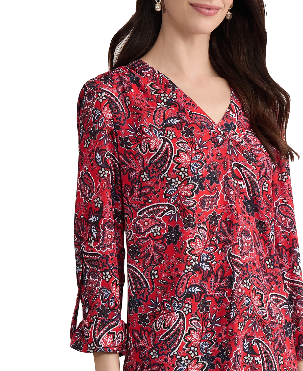 Jones New York Women's Long-Sleeve V-Neck Printed Polyester Top