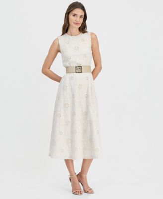 Women's Round-Neck Embroidered Belted Cotton Dress