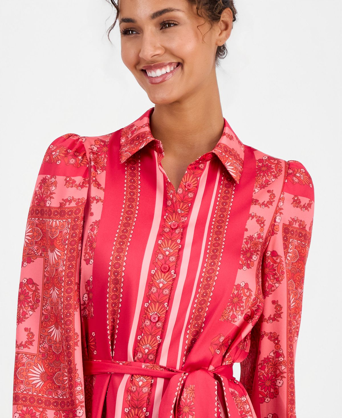 Anne Klein Women's Long-Sleeve Scarf-Print Twill Shirt-Dress view 4 — MAYCSS fashion products