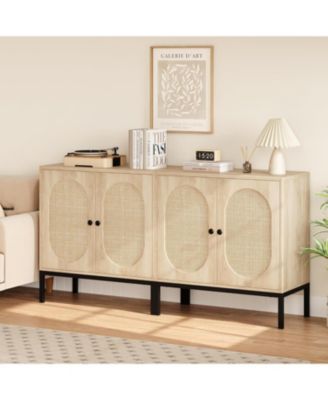 Set of 2 Rattan Sideboard Chest of Drawers with 2 Rattan and Wood Doors, Adjustable Shelves, Metal Feet, 80 cm Wide