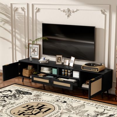 78.8" Cabinet With Storage Rattan TV Stand & Open Shelf