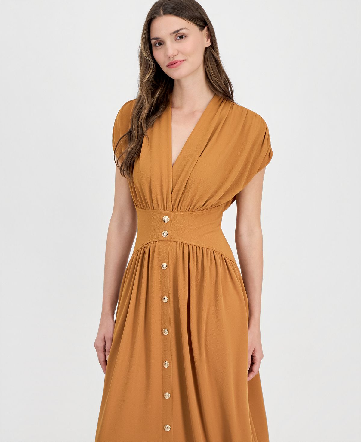 Anne Klein Women's V-Neck Ruched-Shoulder Jersey Dress view 2 — MAYCSS fashion products