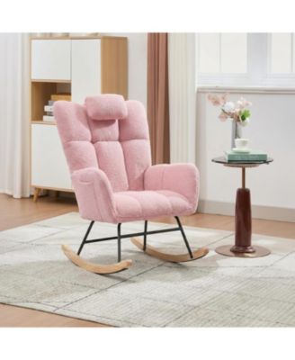 Teddy Fleece Rocking Chair with Headrest, Upholstered Nursery Glider
