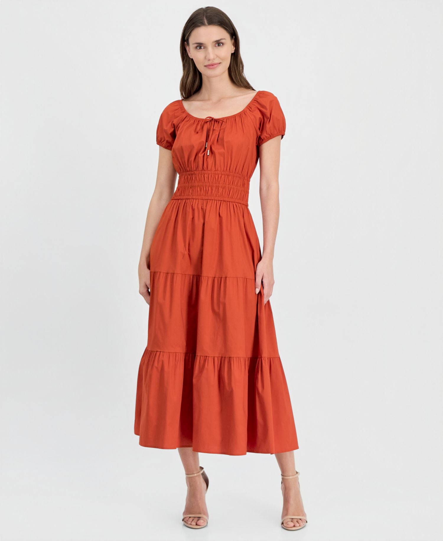 Women's Square-Neck Smocked Tiered Midi Dress