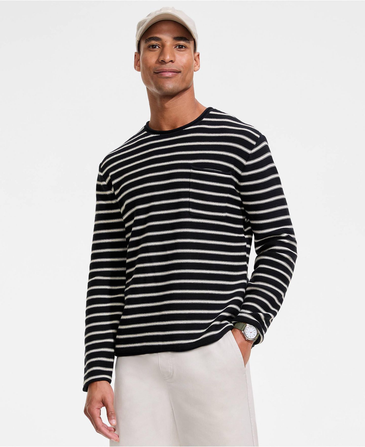 Мужской свитер Lands' End Long Sleeve Cotton Rollneck, цвет: Чёрный / Полосатый — фото 4