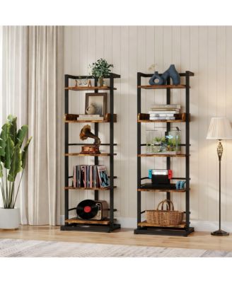 5 Tier Narrow Wood Bookcase Metal Edge Industrial Corner Storage Shelf