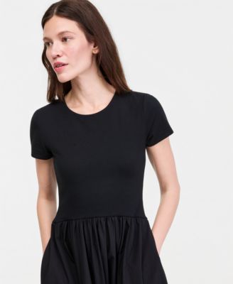 on 34th women's mixed-media short-sleeve midi dress reviews On 34th Women's Short-Sleeve Curved-Waist Mixed-Media Midi Dress - White