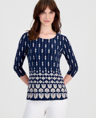 Women's Printed 3/4 Sleeve Scoop-Neck Jacquard Top