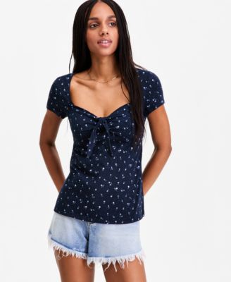 Juniors' Bunny-Tie Short-Sleeve Sweetheart Top