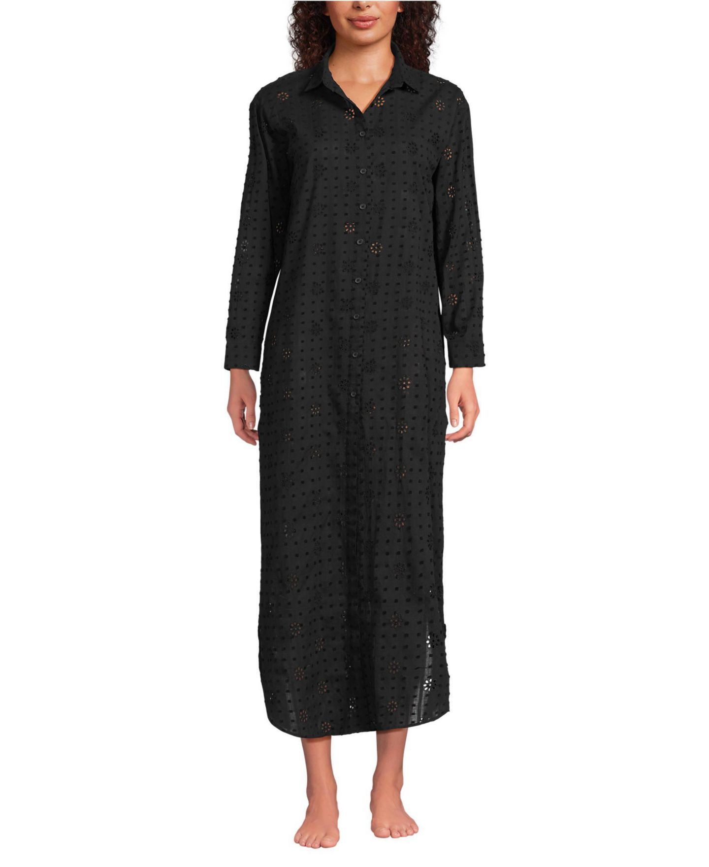 Женское платье Lands' End Eyelet Button Down Maxi Cover-up, цвет: Чёрный — фото 1