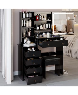 37" Makeup Vanity Set with Touch Control LED Sliding Mirror, Cushioned Stool, Makeup Desk with USB Charge and Hair Dryer Stand for Bedroom